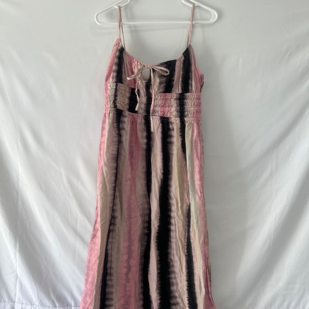 Topshop Pink Black Striped Tie Dye Smocked Midi Dress US 8-10
